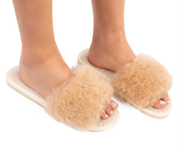 Taupe Fuzzy Slide On Slippers