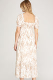 Taupe Half Sleeve Woven Print Smocked Midi Dress With Slit