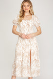 Taupe Half Sleeve Woven Print Smocked Midi Dress With Slit